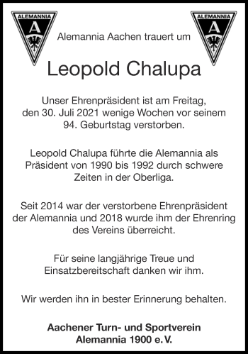 Traueranzeige von Leopold Chalupa von Aachener Zeitung / Aachener Nachrichten