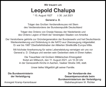 Traueranzeige von Leopold Chalupa von Aachener Zeitung / Aachener Nachrichten