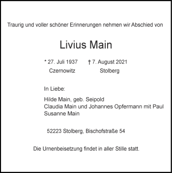 Traueranzeige von Livius Main von Zeitung am Sonntag