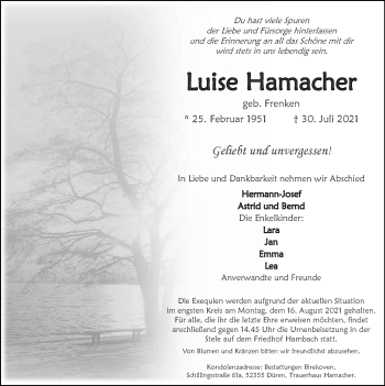 Traueranzeige von Luise Hamacher von Zeitung am Sonntag