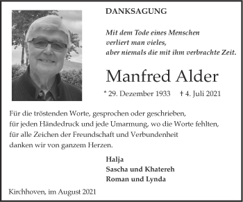 Traueranzeige von Manfred Alder von Zeitung am Sonntag