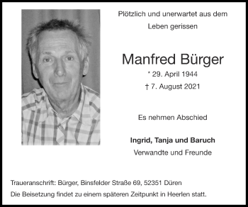Traueranzeige von Manfred Bürger von Zeitung am Sonntag