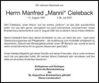 Traueranzeige von Manfred  Cieleback von Zeitung am Sonntag