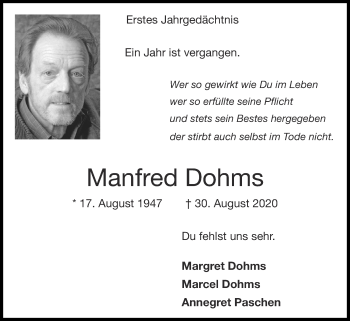 Traueranzeige von Manfred Dohms von Zeitung am Sonntag