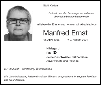Traueranzeige von Manfred Ernst von Zeitung am Sonntag