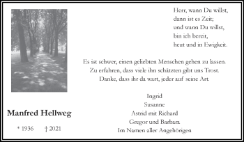 Traueranzeige von Manfred Hellweg von Zeitung am Sonntag