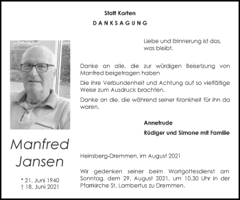 Traueranzeige von Manfred Jansen von Zeitung am Sonntag