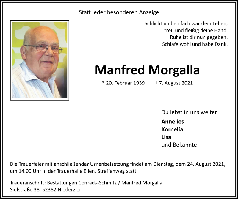  Traueranzeige für Manfred Morgalla vom 15.08.2021 aus Zeitung am Sonntag