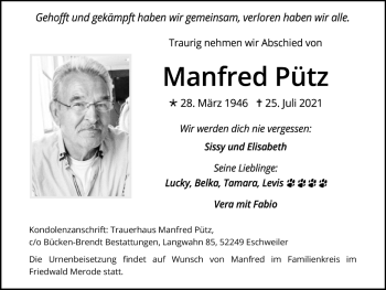 Traueranzeige von Manfred Pütz von Zeitung am Sonntag