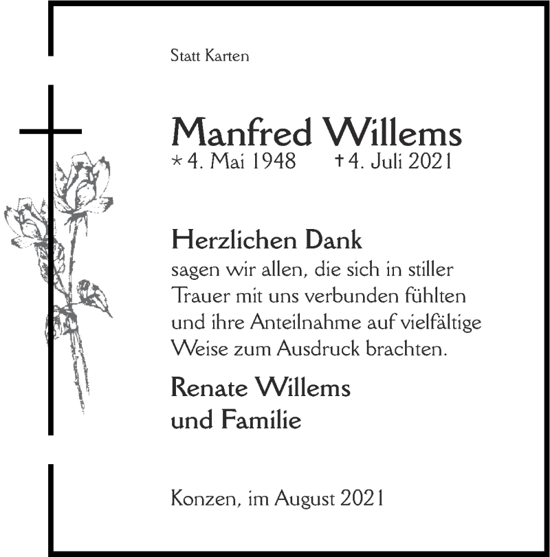 Traueranzeige für Manfred Willems vom 22.08.2021 aus Zeitung am Sonntag
