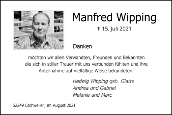Traueranzeige von Manfred Wipping von Zeitung am Sonntag