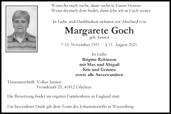 Traueranzeige von Margarete Goch von Zeitung am Sonntag