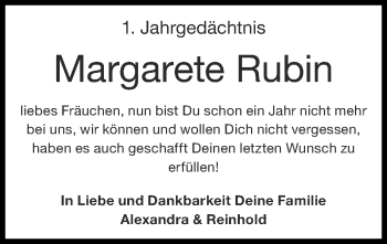 Traueranzeige von Margarete Rubin von Zeitung am Sonntag