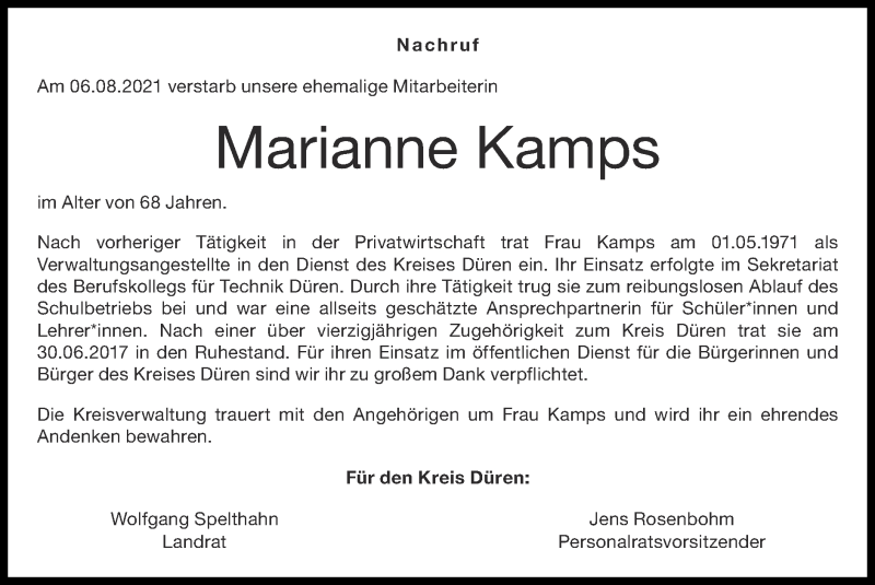  Traueranzeige für Marianne Kamps vom 22.08.2021 aus Zeitung am Sonntag