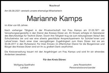 Traueranzeige von Marianne Kamps von Zeitung am Sonntag