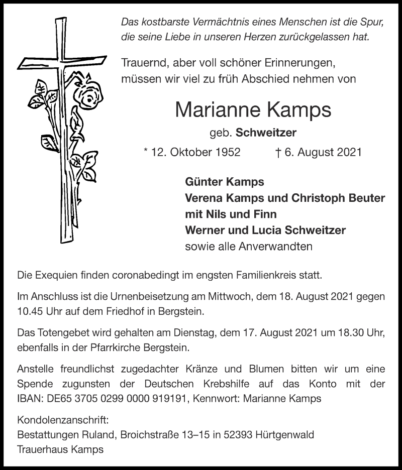  Traueranzeige für Marianne Kamps vom 15.08.2021 aus Zeitung am Sonntag