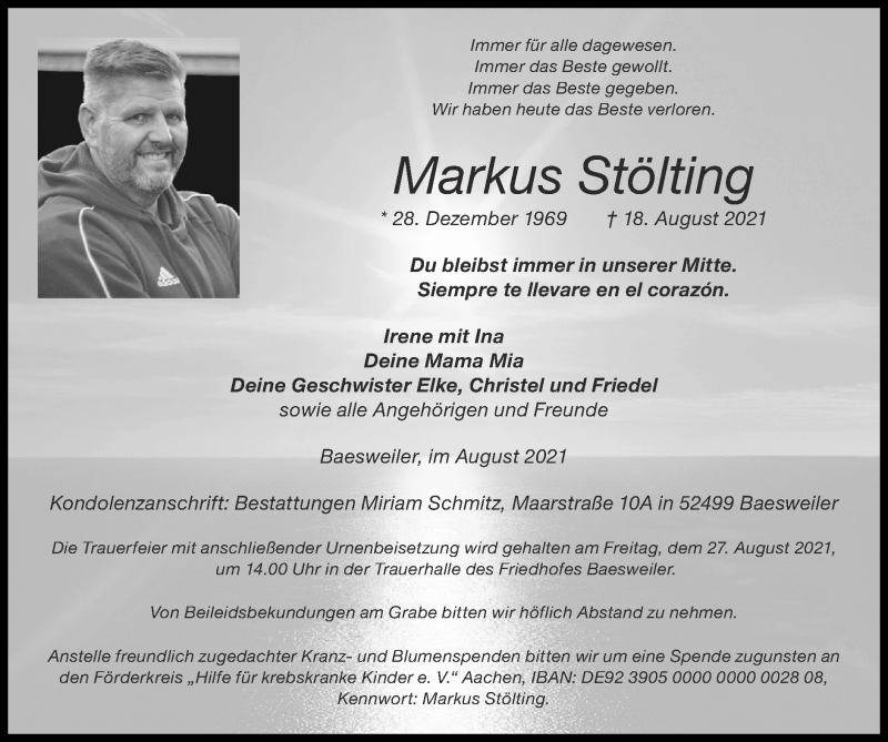  Traueranzeige für Markus Stölting vom 22.08.2021 aus Zeitung am Sonntag