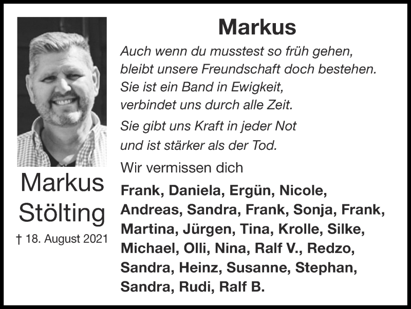  Traueranzeige für Markus Stölting vom 29.08.2021 aus Zeitung am Sonntag