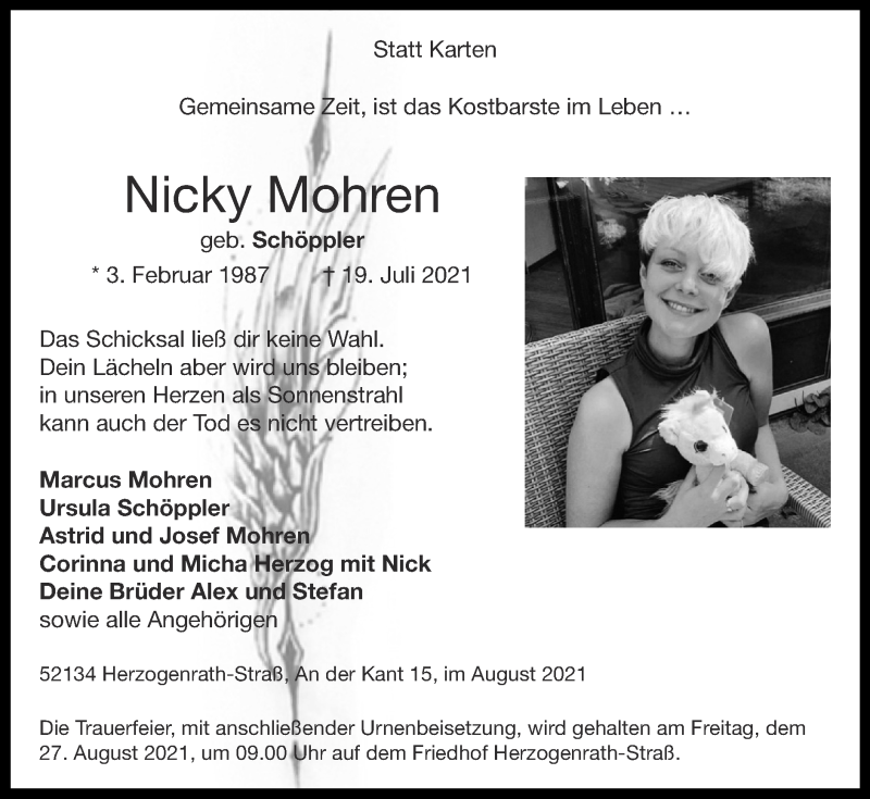  Traueranzeige für Nicky Mohren vom 08.08.2021 aus Zeitung am Sonntag