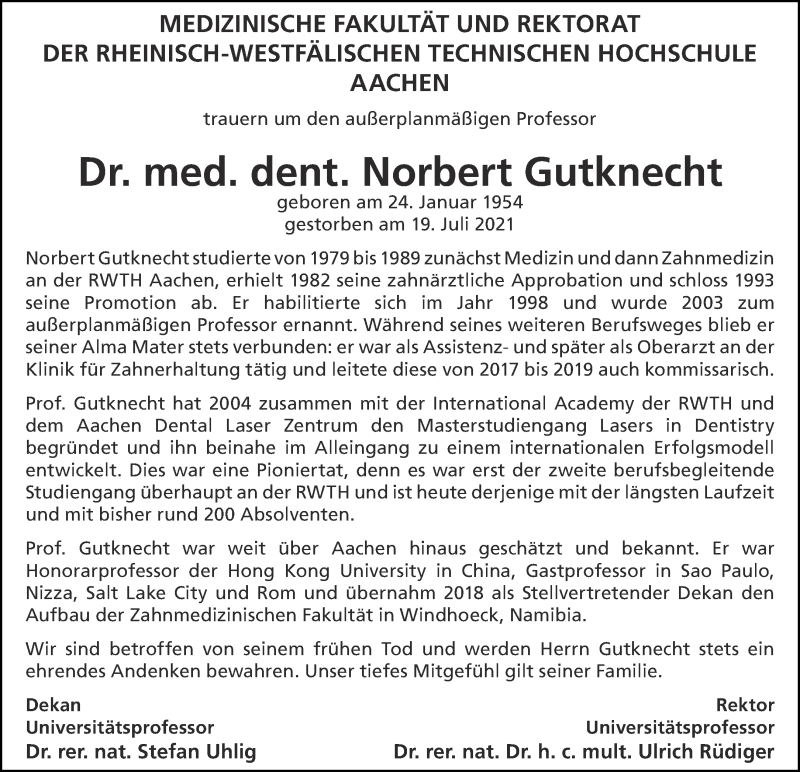  Traueranzeige für Norbert Gutknecht vom 14.08.2021 aus Aachener Zeitung / Aachener Nachrichten