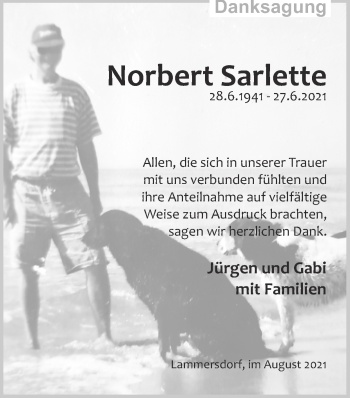 Traueranzeige von Norbert Sarlette von Zeitung am Sonntag