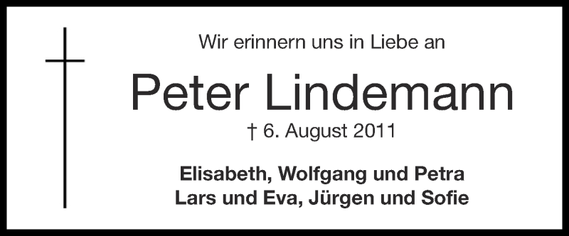  Traueranzeige für Peter Lindemann vom 07.08.2021 aus Aachener Zeitung / Aachener Nachrichten