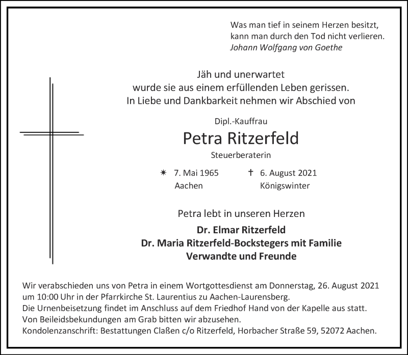  Traueranzeige für Petra Ritzerfeld vom 24.08.2021 aus Aachener Zeitung / Aachener Nachrichten