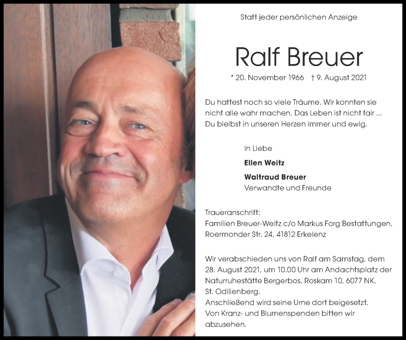  Traueranzeige für Ralf Breuer vom 22.08.2021 aus Zeitung am Sonntag