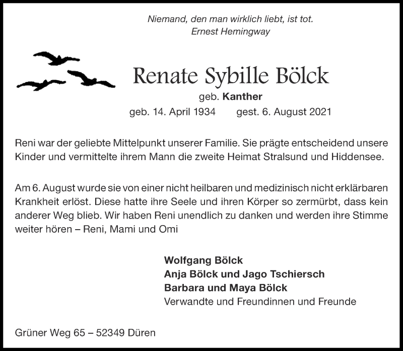  Traueranzeige für Renate Sybille Bölck vom 14.08.2021 aus Aachener Zeitung / Aachener Nachrichten