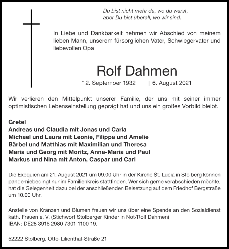  Traueranzeige für Rolf Dahmen vom 14.08.2021 aus Aachener Zeitung / Aachener Nachrichten