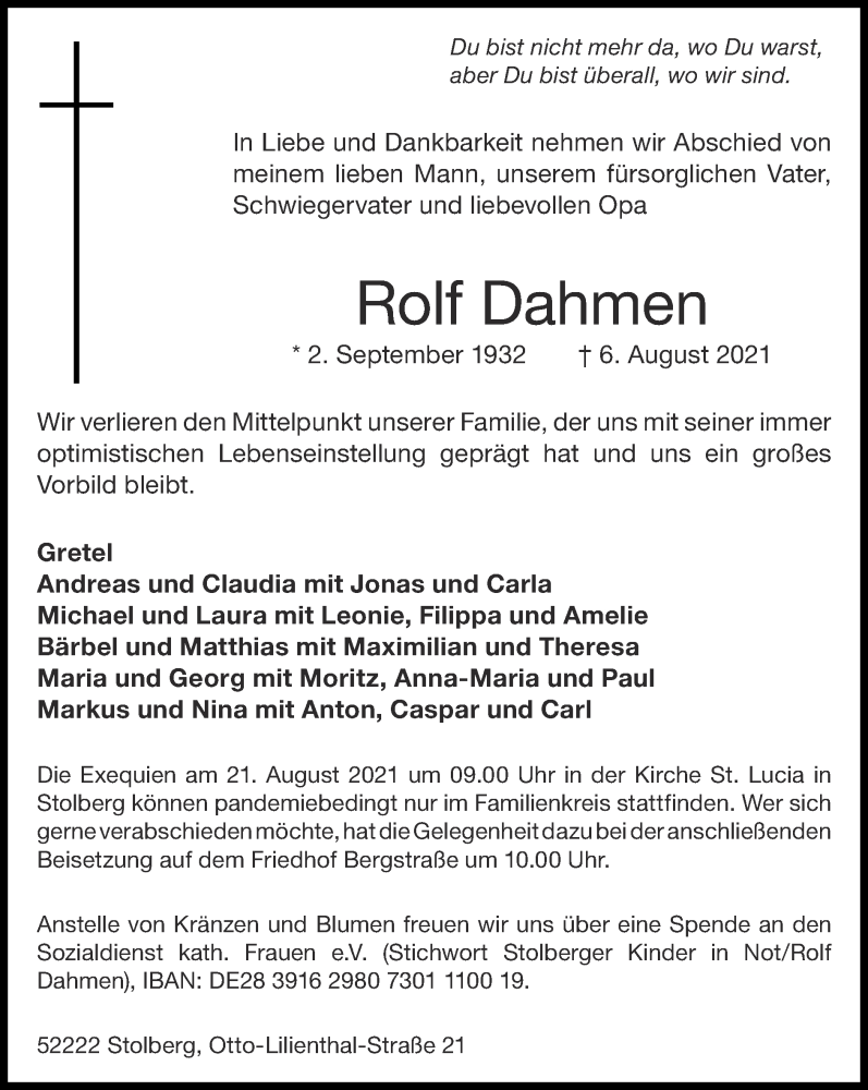  Traueranzeige für Rolf Dahmen vom 15.08.2021 aus Zeitung am Sonntag