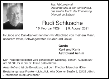 Traueranzeige von Rudi Schlusche von Aachener Zeitung / Aachener Nachrichten