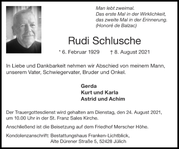 Traueranzeige von Rudi Schlusche von Zeitung am Sonntag