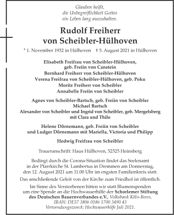 Traueranzeige von Rudolf Freiherr von Scheibler-Hülhoven von Aachener Zeitung / Aachener Nachrichten