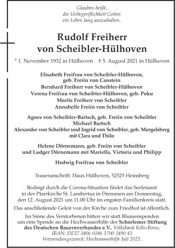 Traueranzeige von Rudolf von Scheibler-Hülhoven von Zeitung am Sonntag