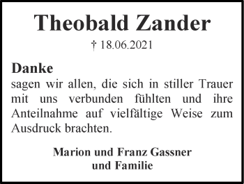 Traueranzeige von Theobald Zander von Zeitung am Sonntag