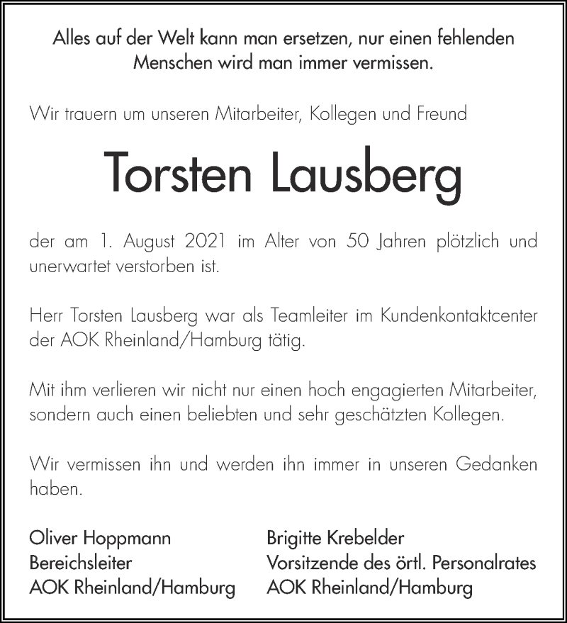  Traueranzeige für Torsten Lausberg vom 21.08.2021 aus Aachener Zeitung / Aachener Nachrichten
