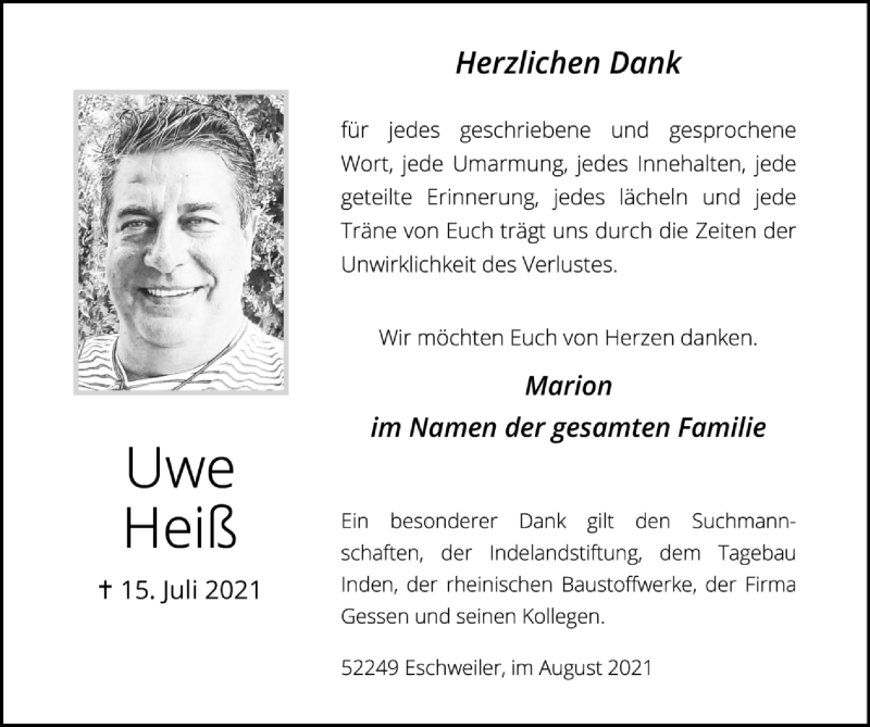  Traueranzeige für Uwe Heiß vom 22.08.2021 aus Zeitung am Sonntag