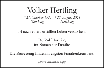 Traueranzeige von Volker Hertling von Aachener Zeitung / Aachener Nachrichten