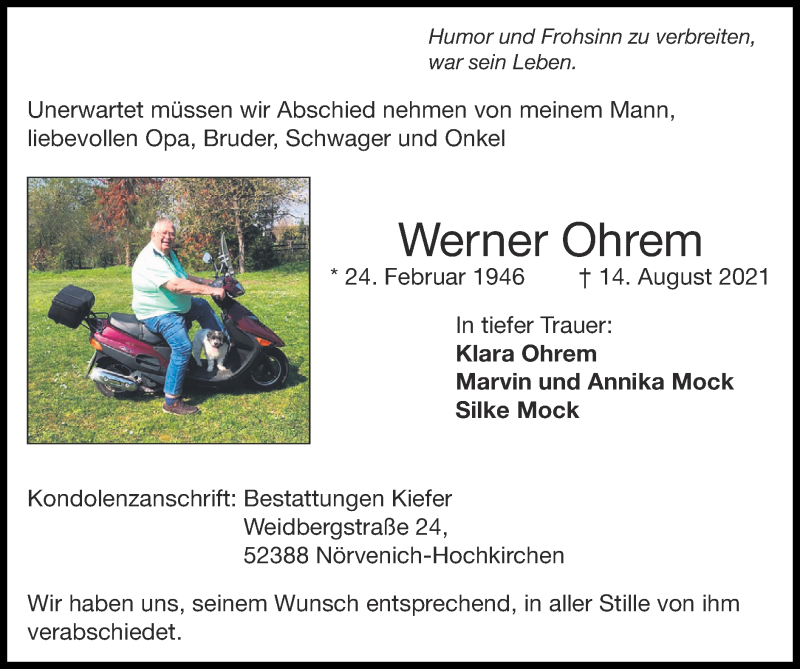  Traueranzeige für Werner Ohrem vom 22.08.2021 aus Zeitung am Sonntag