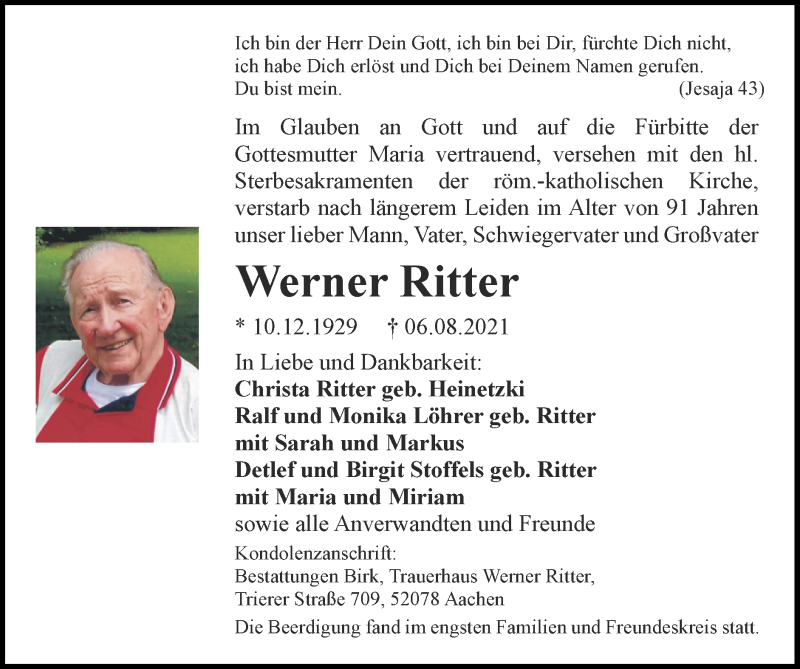  Traueranzeige für Werner Ritter vom 15.08.2021 aus Zeitung am Sonntag