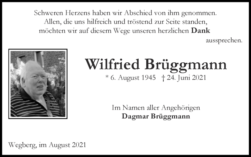  Traueranzeige für Wilfried Brüggmann vom 15.08.2021 aus Zeitung am Sonntag