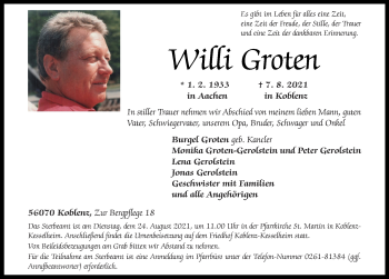 Traueranzeige von Willi Groten von Zeitung am Sonntag