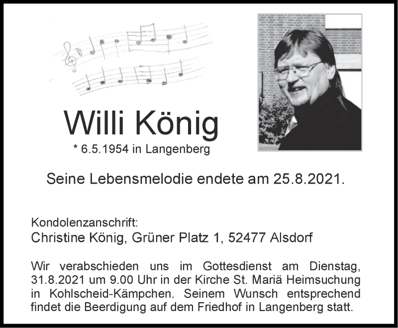  Traueranzeige für Willi König vom 28.08.2021 aus Aachener Zeitung / Aachener Nachrichten