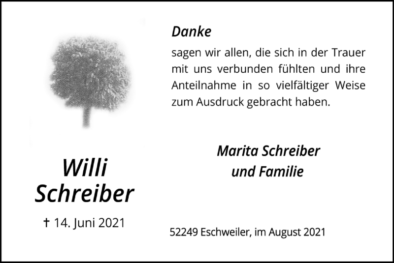  Traueranzeige für Willi Schreiber vom 29.08.2021 aus Zeitung am Sonntag