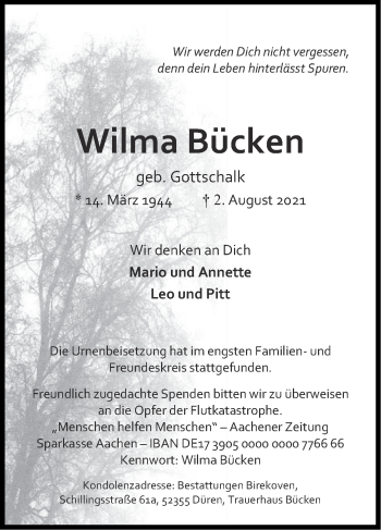 Traueranzeige von Wilma Bücken von Zeitung am Sonntag
