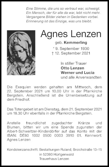 Traueranzeige von Agnes Lenzen von Zeitung am Sonntag