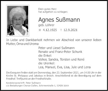 Traueranzeige von Agnes Sußmann von Zeitung am Sonntag