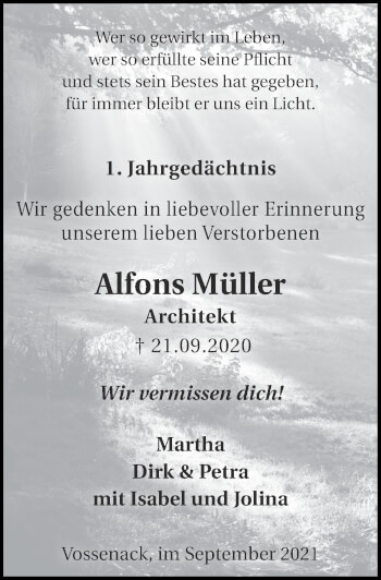Traueranzeige von Alfons Müller von Zeitung am Sonntag