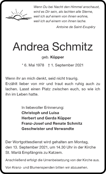 Traueranzeige von Andrea Schmitz von Zeitung am Sonntag